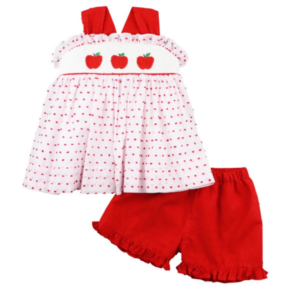 Red Swiss Dot Smocked Apple Short Set